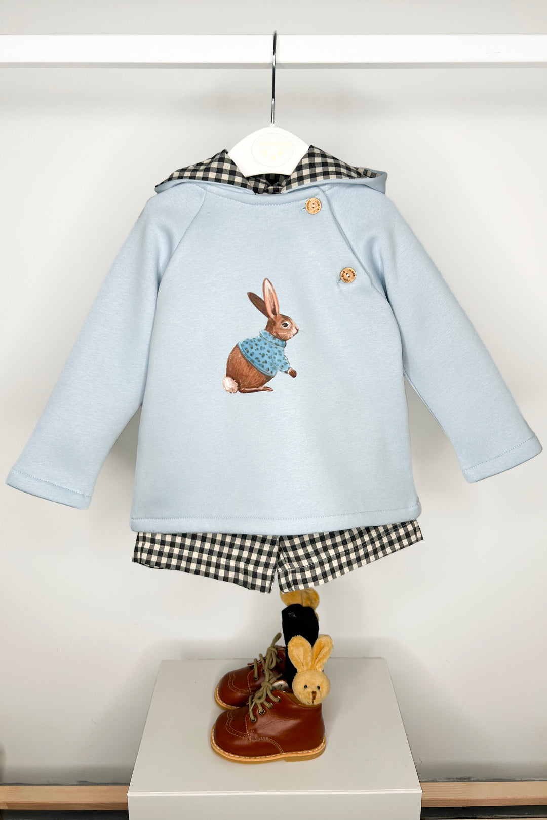 Valentina Bebes "Nash" Light Blue Bunny Hoodie & Black Gingham Shorts | Millie and John