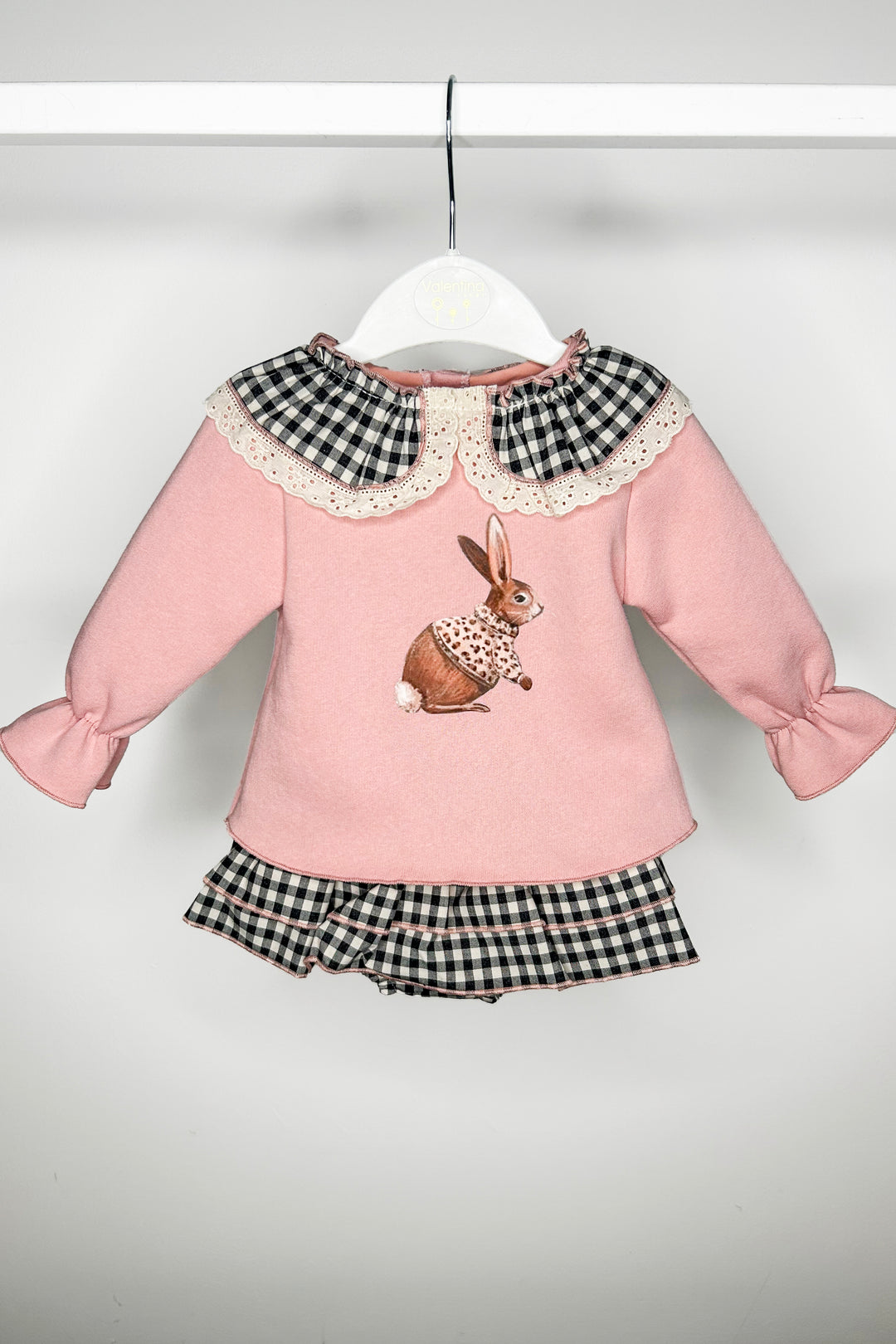 Valentina Bebes "Opal" Dusky Pink Bunny Sweatshirt & Black Gingham Skirt | Millie and John