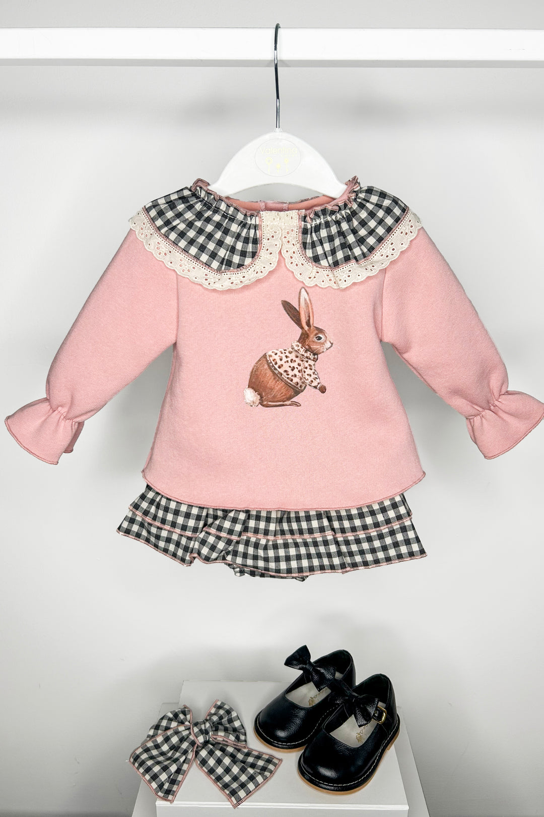 Valentina Bebes "Opal" Dusky Pink Bunny Sweatshirt & Black Gingham Skirt | Millie and John