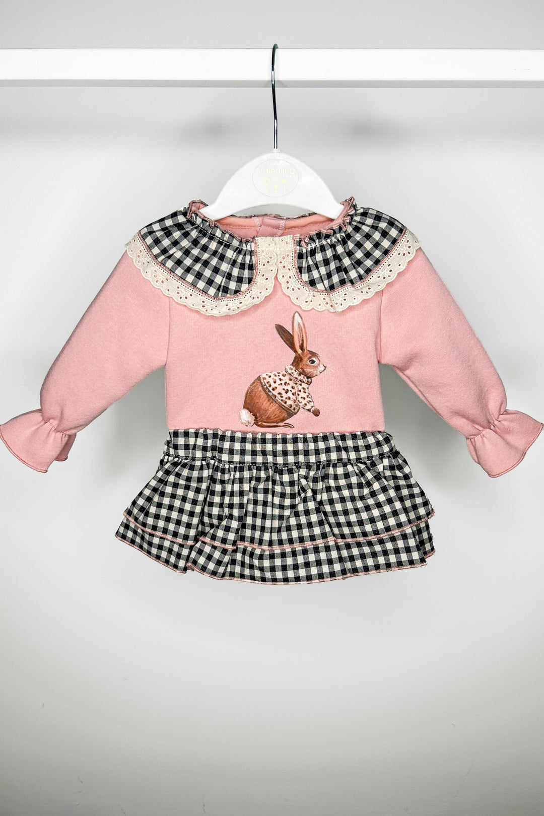 Valentina Bebes "Opal" Dusky Pink Bunny Sweatshirt & Black Gingham Skirt | Millie and John