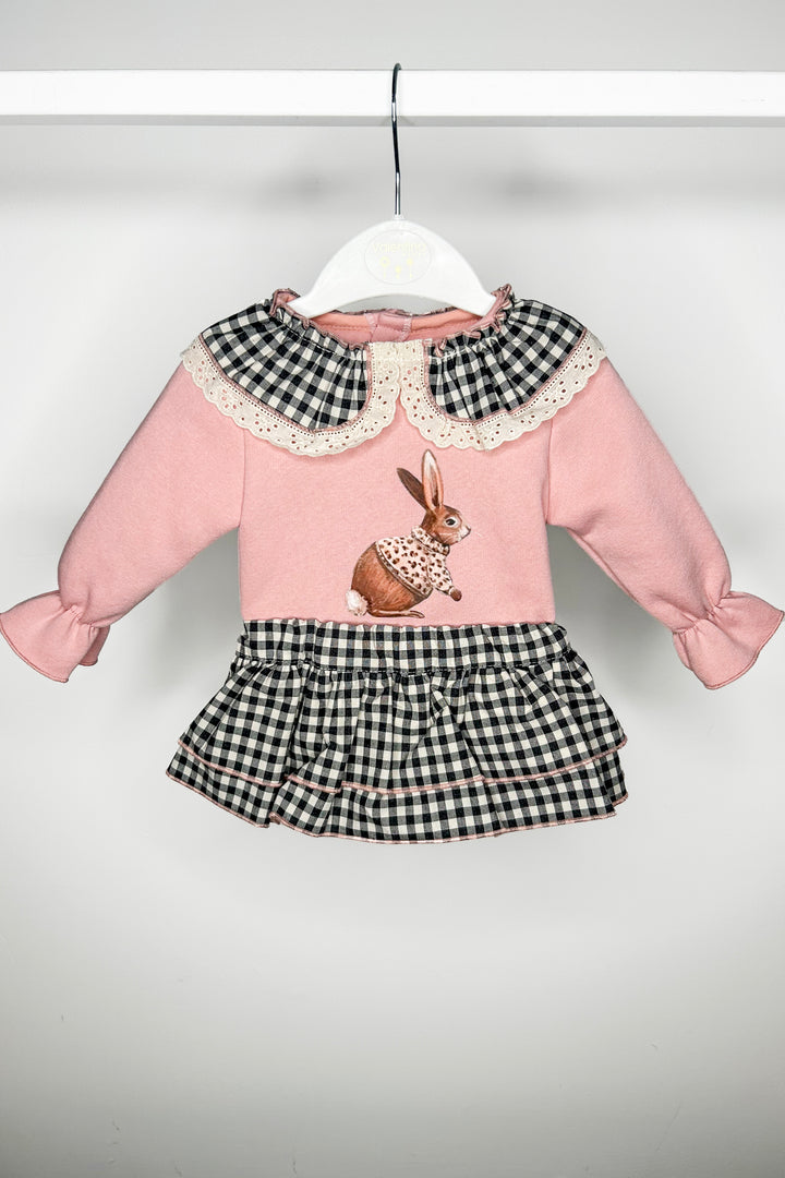 Valentina Bebes "Opal" Dusky Pink Bunny Sweatshirt & Black Gingham Skirt | Millie and John