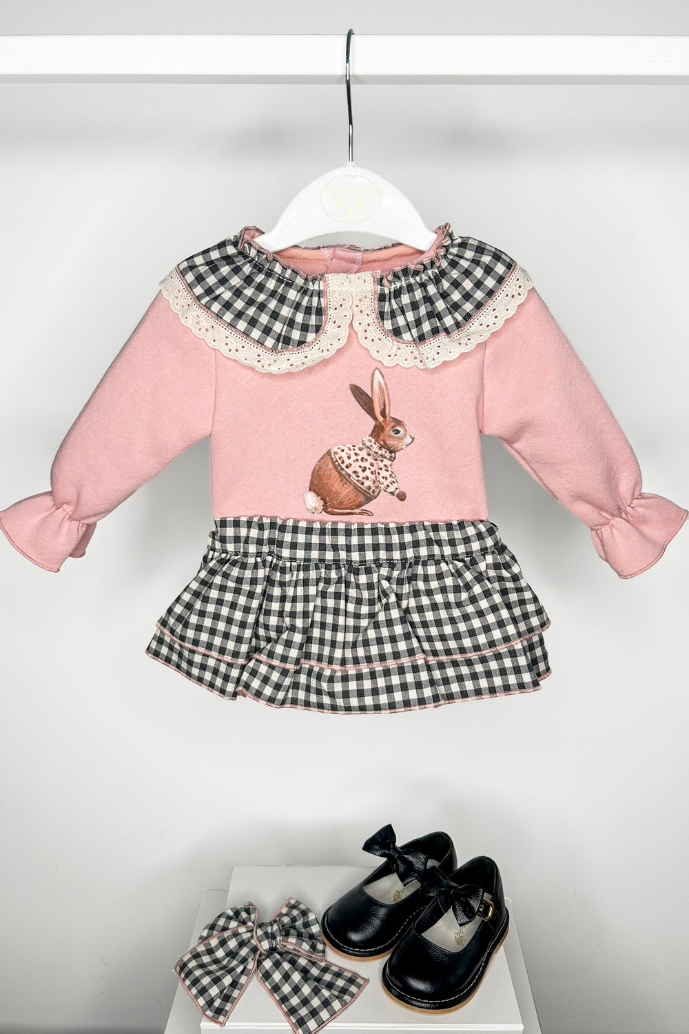Valentina Bebes "Opal" Dusky Pink Bunny Sweatshirt & Black Gingham Skirt | Millie and John