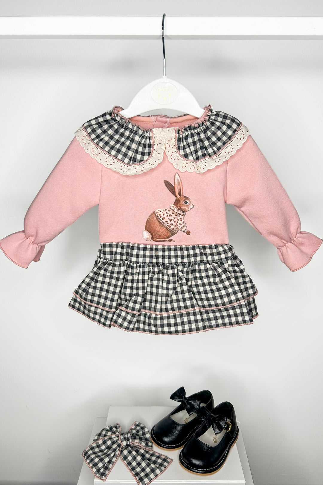 Valentina Bebes "Opal" Dusky Pink Bunny Sweatshirt & Black Gingham Skirt | Millie and John