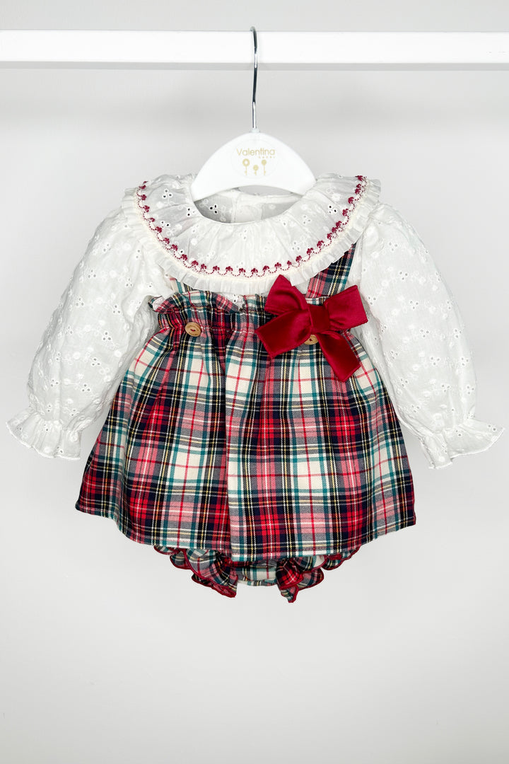 Valentina Bebes "Alanna" Broderie Anglaise Blouse & Red Tartan Pinafore Dress Set | Millie and John