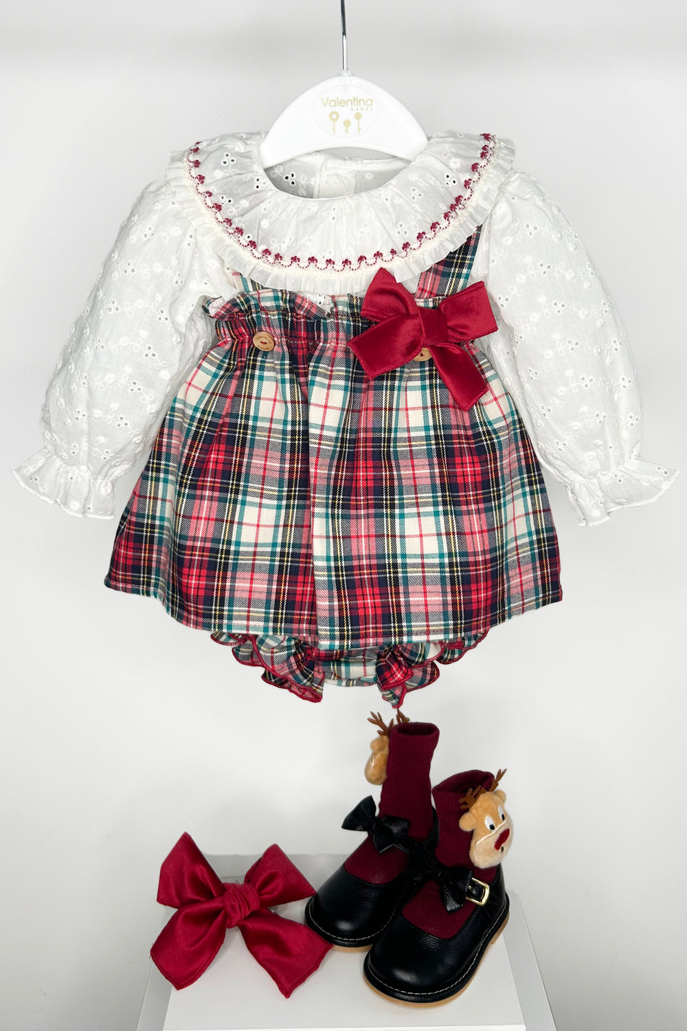 Valentina Bebes "Alanna" Broderie Anglaise Blouse & Red Tartan Pinafore Dress Set | Millie and John