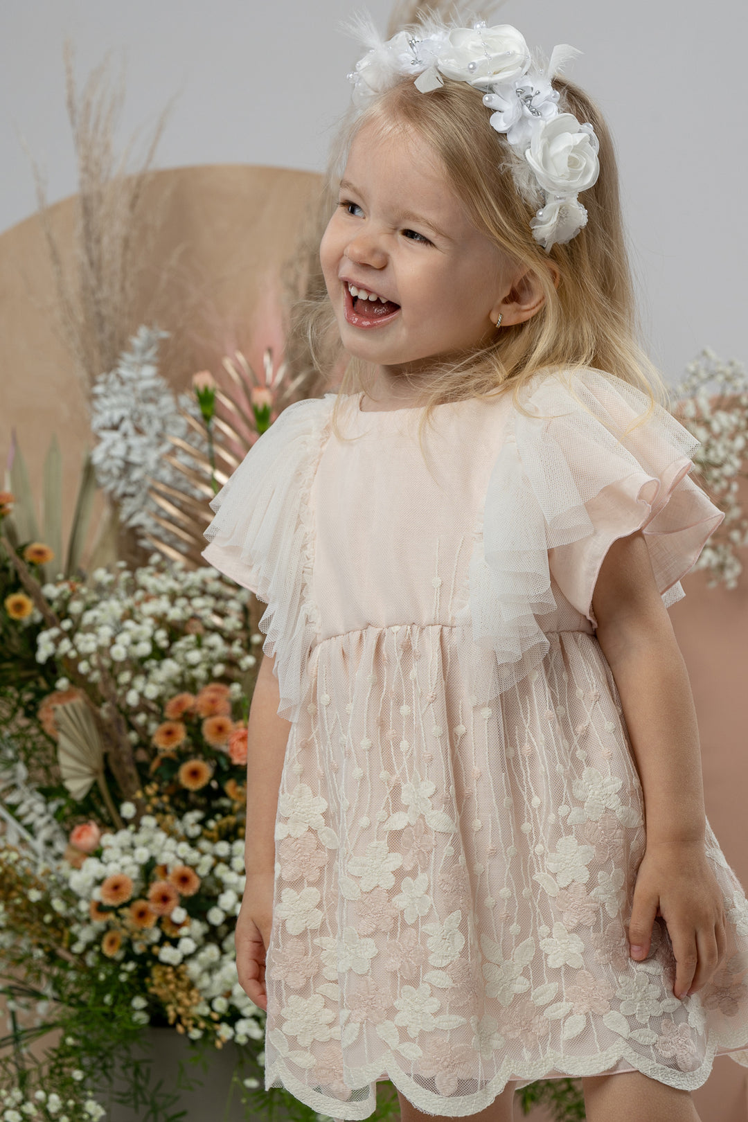 Jamiks "Marianne" Apricot Embroidered Floral Tulle Dress | Millie and John