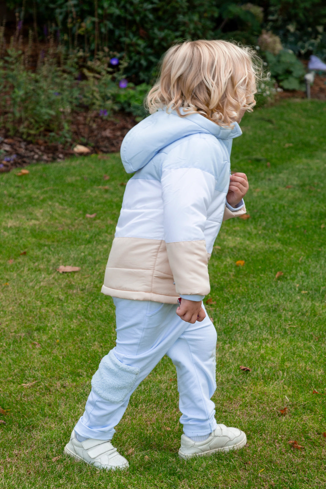 Mintini Baby Baby Blue, White & Beige Colour Block Coat | Millie and John