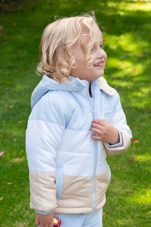 Mintini Baby Baby Blue, White & Beige Colour Block Coat | Millie and John