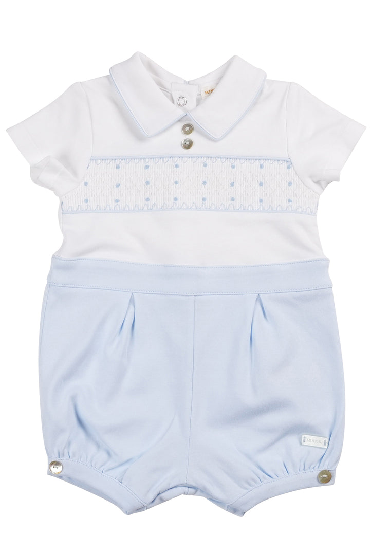 Mintini "Alexander" Baby Blue Smocked Romper | Millie and John