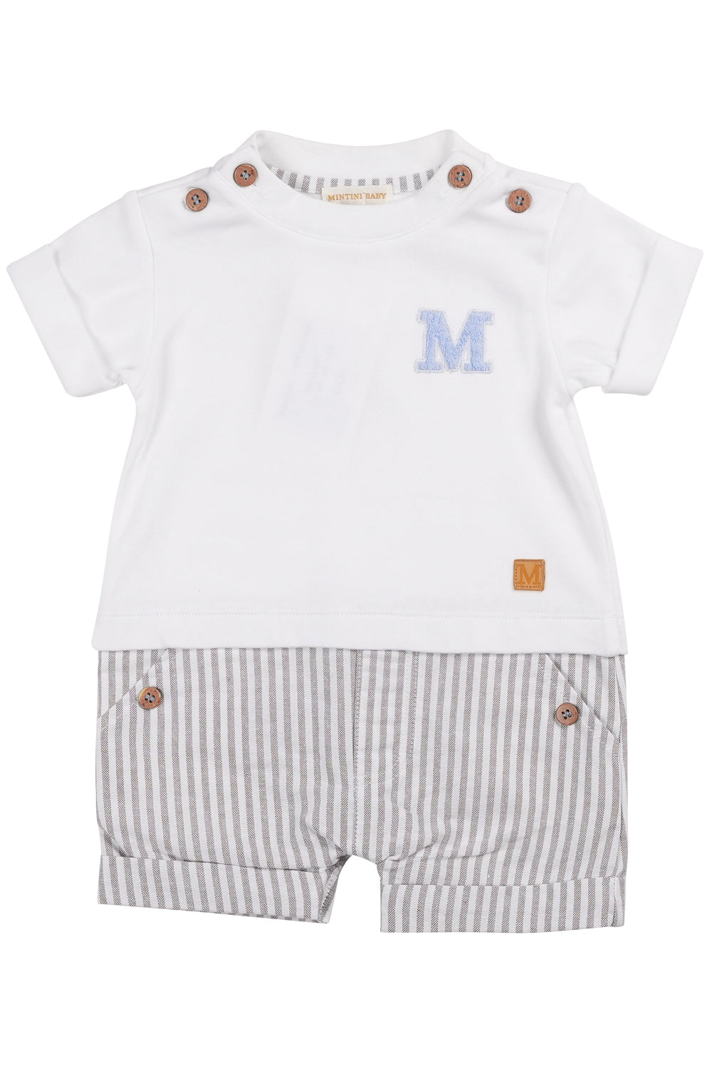 Mintini "Caleb" White & Grey Striped Romper | Millie and John