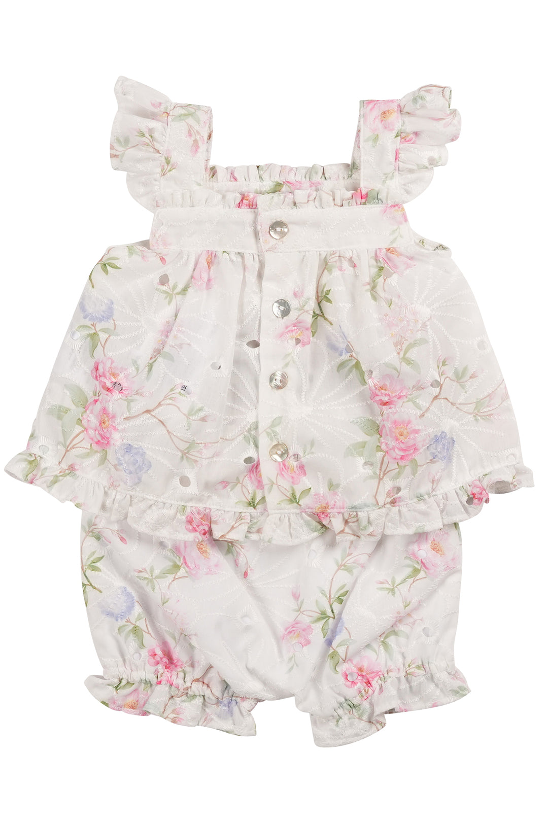 Mintini "Mila" Ivory & Pink Floral Broderie Anglaise Top & Bloomers | Millie and John
