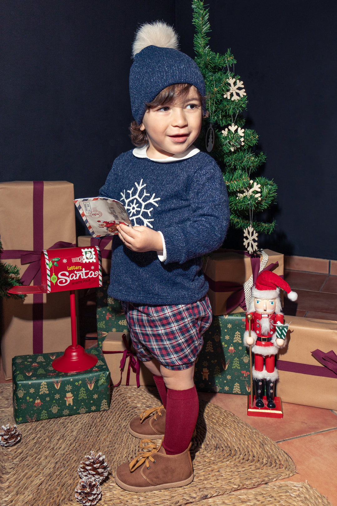Calamaro "Jasper" Navy Chenille Snowflake Jumper & Tartan Shorts | Millie and John
