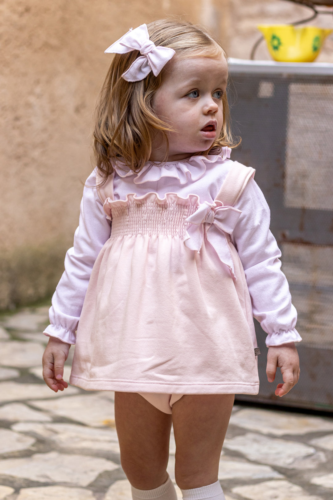 Calamaro "Bea" Baby Pink Blouse, Dress & Bloomers | Millie and John