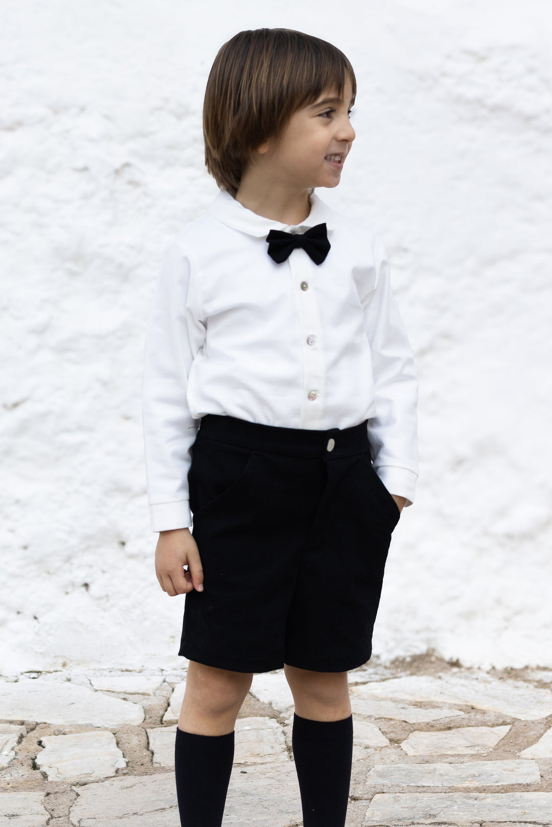 Calamaro Excellentt PREORDER "Montgomery" Traditional White Shirt & Black Velvet Shorts | Millie and John