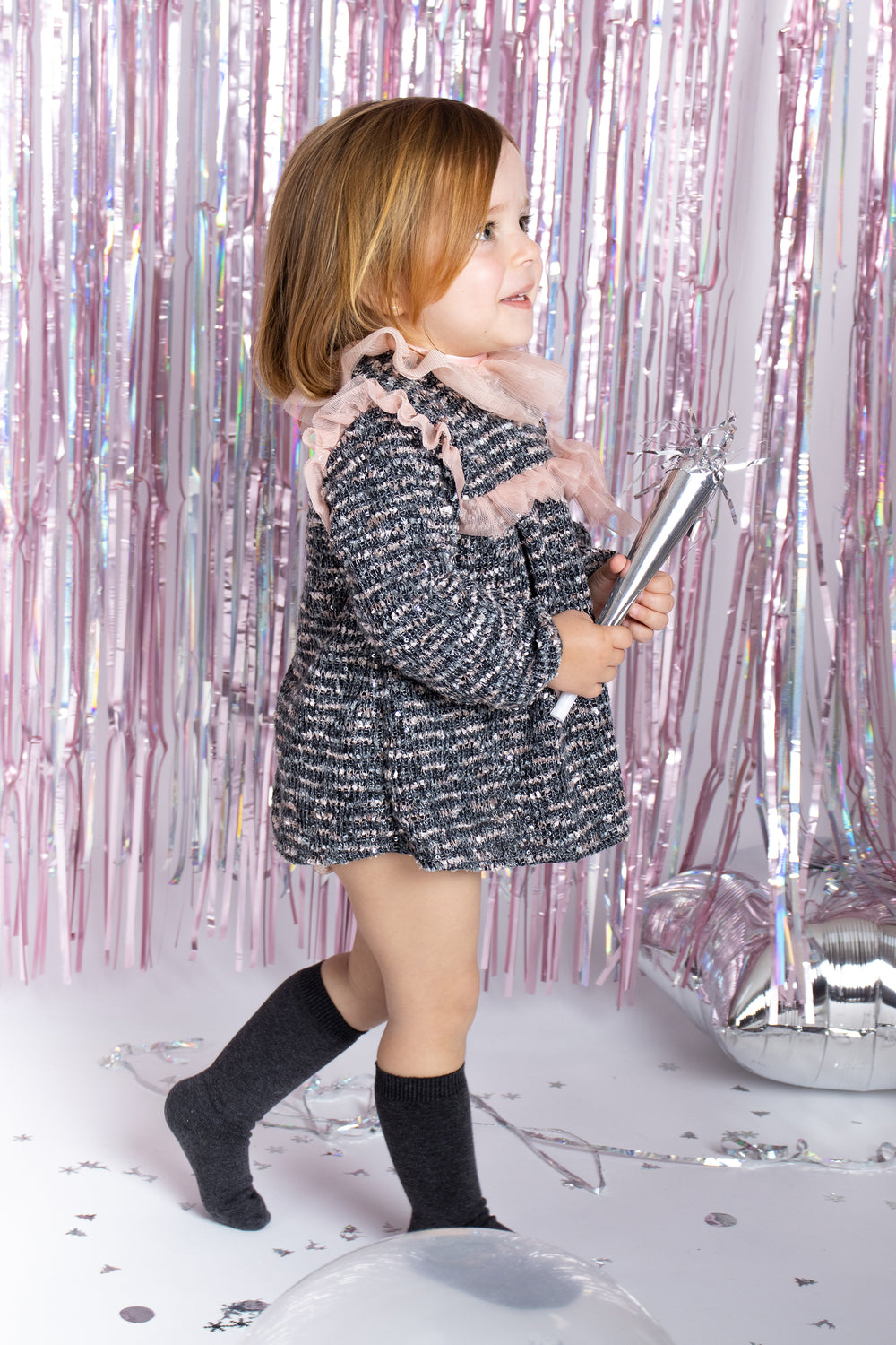 Calamaro "Odette" Charcoal & Dusky Pink Shimmer Tweed Dress & Bloomers | Millie and John