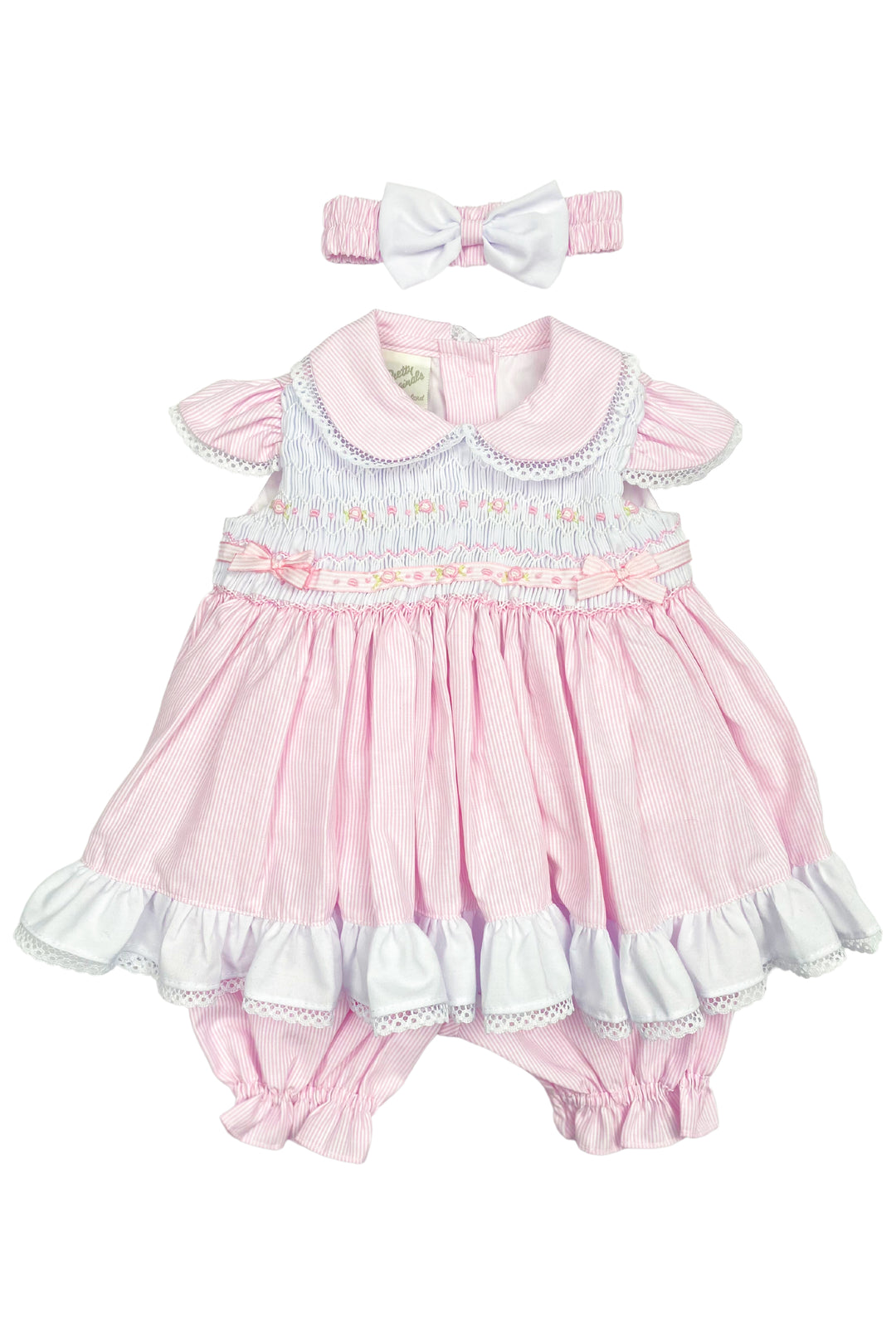 Pretty Originals "Danica" Pink Striped Smocked Dress, Bloomers & Headband | Millie and John