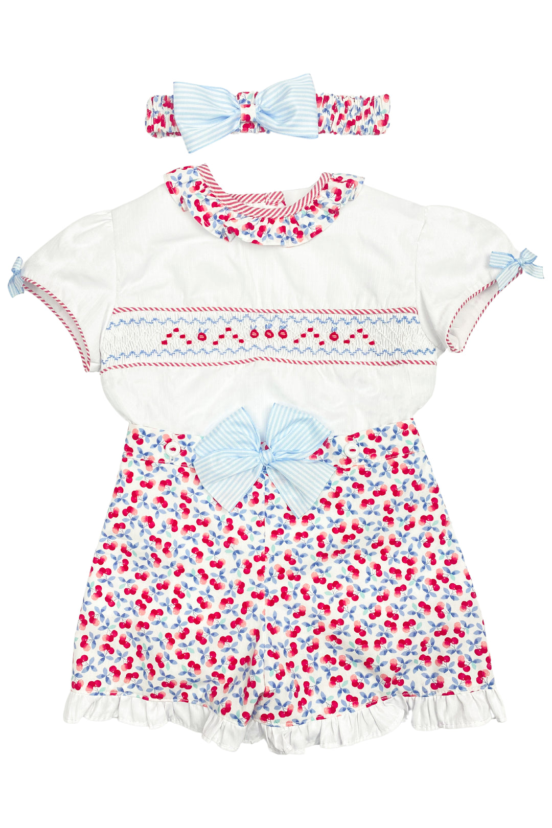 Pretty Originals "Dottie" Red Cherry Print Smocked Blouse, Shorts & Headband | Millie and John