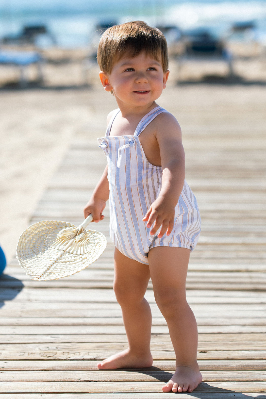 Mac Ilusión "Zack" Blue & Beige Striped Dungaree Romper | Millie and John