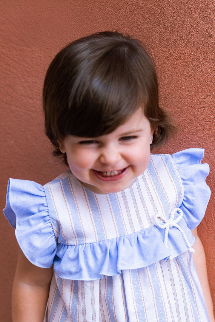 Mac Ilusión "Madeline" Blue & Beige Striped Dress & Bloomers | Millie and John