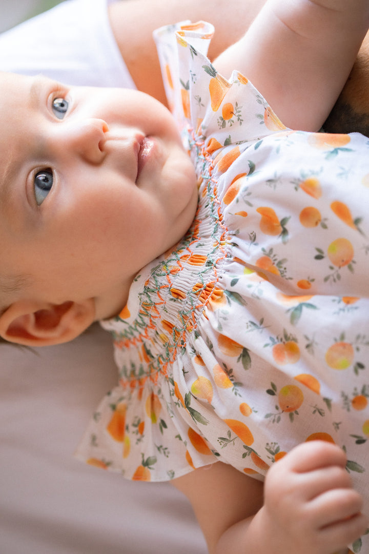 Mac Ilusión "Audrey" Peach Print Smocked Dress & Bloomers | Millie and John