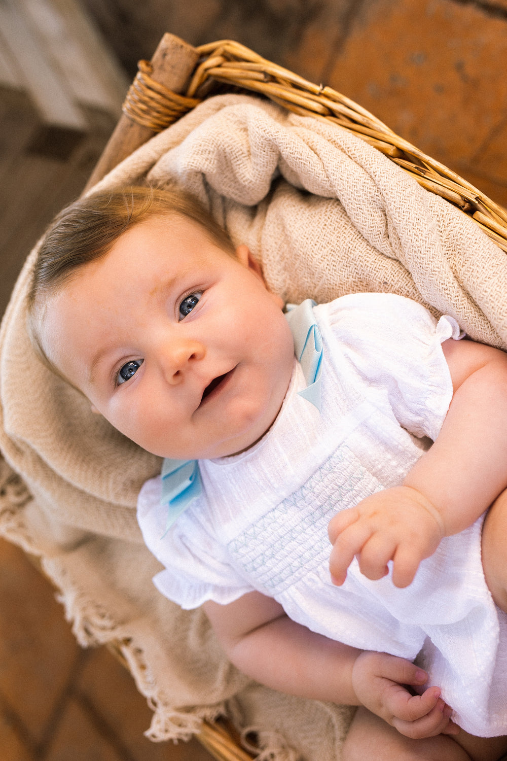 Mac Ilusión "Devon" White & Blue Smocked Romper | Millie and John