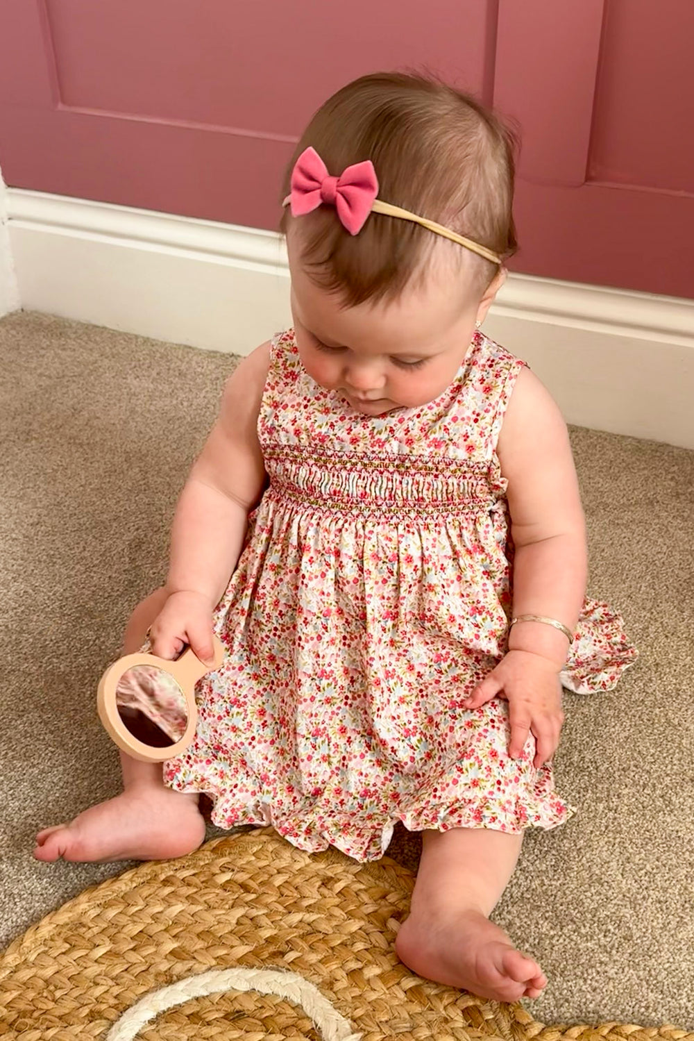 Mac Ilusión "Madeline" Bright Pink Floral Smocked Dress & Bloomers | Millie and John