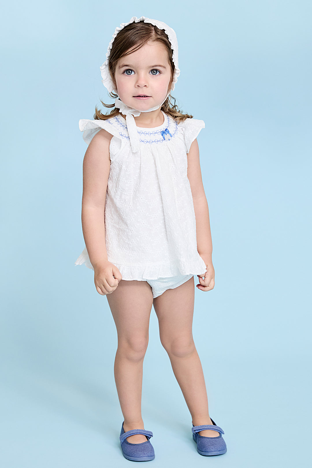 Martín Aranda "Fiorella" White Broderie Anglaise Smocked Dress & Bloomers | Millie and John