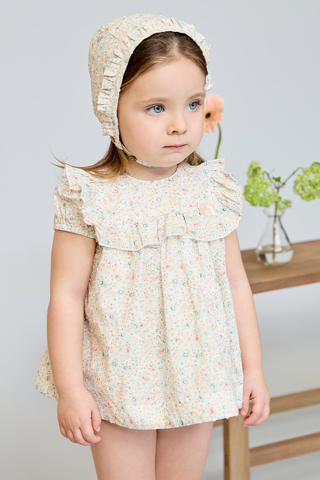 Martín Aranda "Marigold" Pink & Sage Green Floral Dress & Bloomers | Millie and John