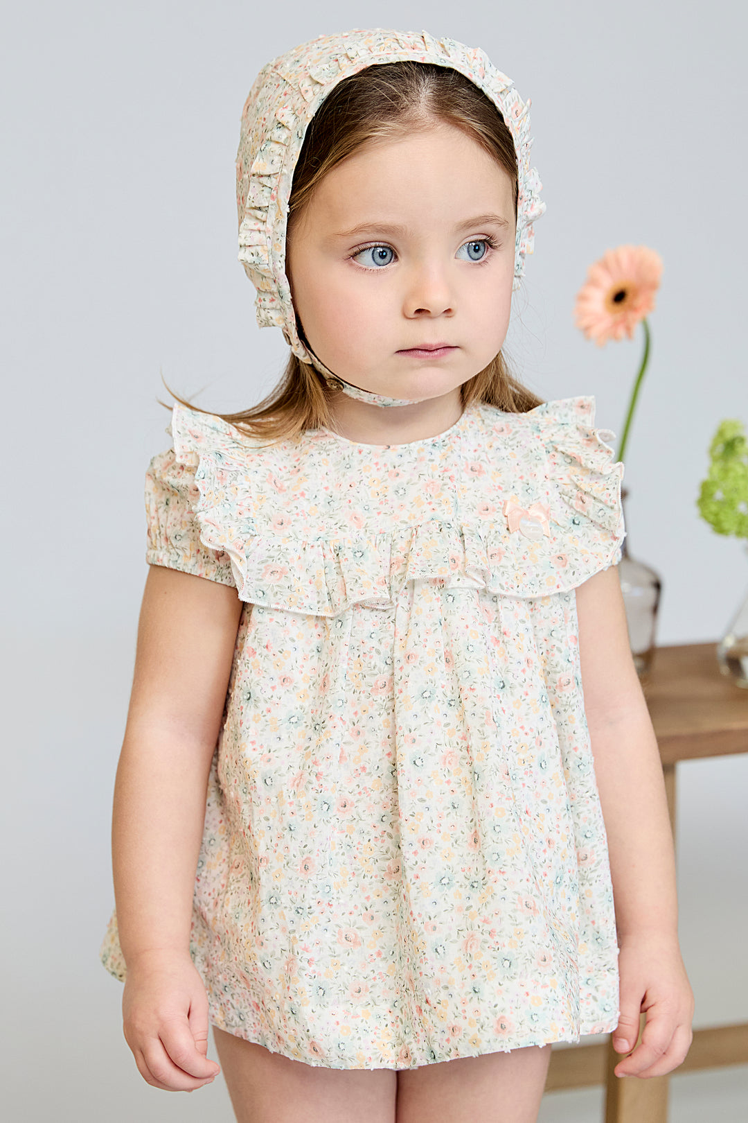 Martín Aranda "Marigold" Pink & Sage Green Floral Dress & Bloomers | Millie and John