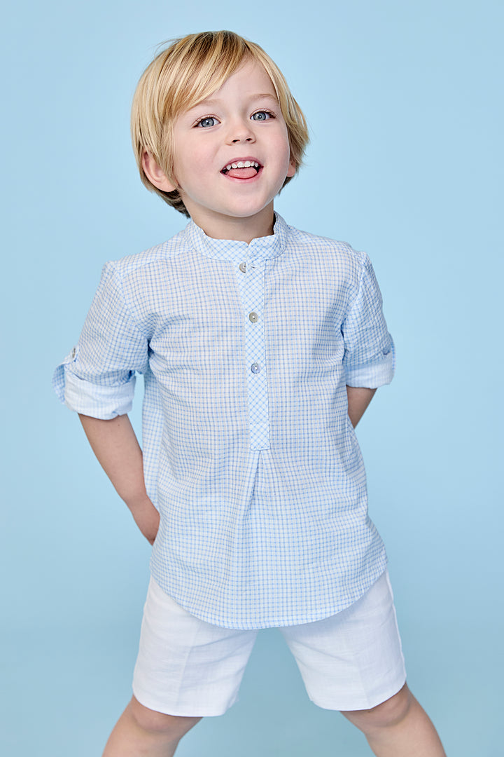 Martín Aranda PREORDER "Tristan" Dusky Blue Check Shirt & Shorts | Millie and John