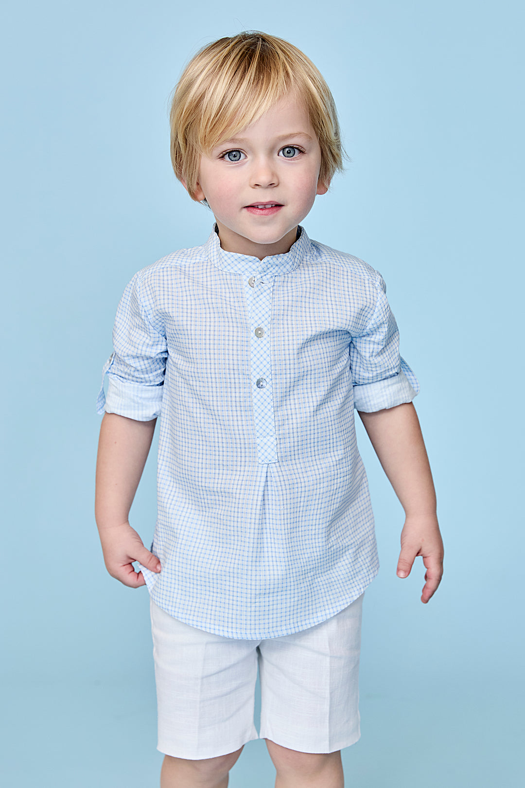 Martín Aranda PREORDER "Tristan" Dusky Blue Check Shirt & Shorts | Millie and John