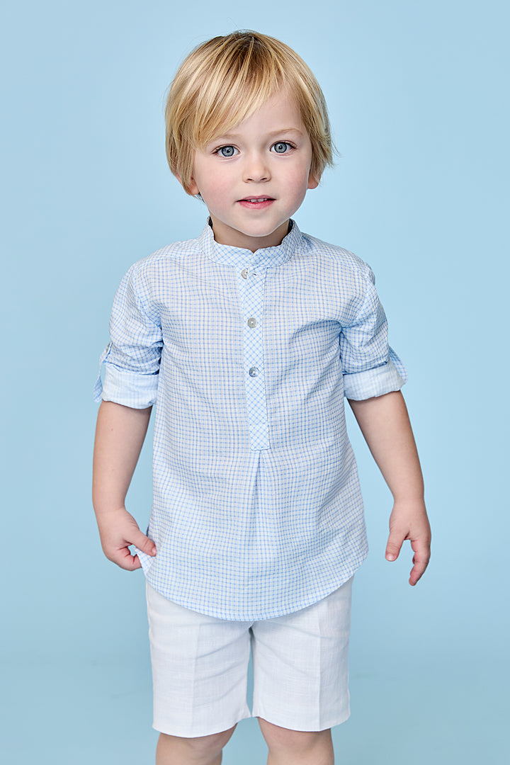 Martín Aranda PREORDER "Tristan" Dusky Blue Check Shirt & Shorts | Millie and John