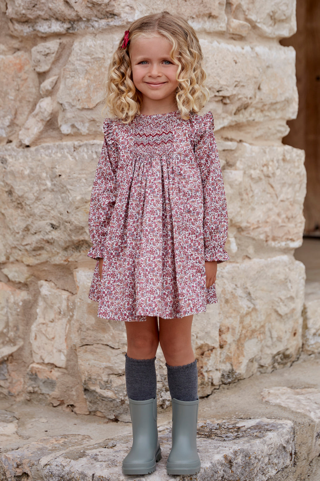 Martín Aranda "Mia" Burgundy Smocked Floral Dress | Millie and John