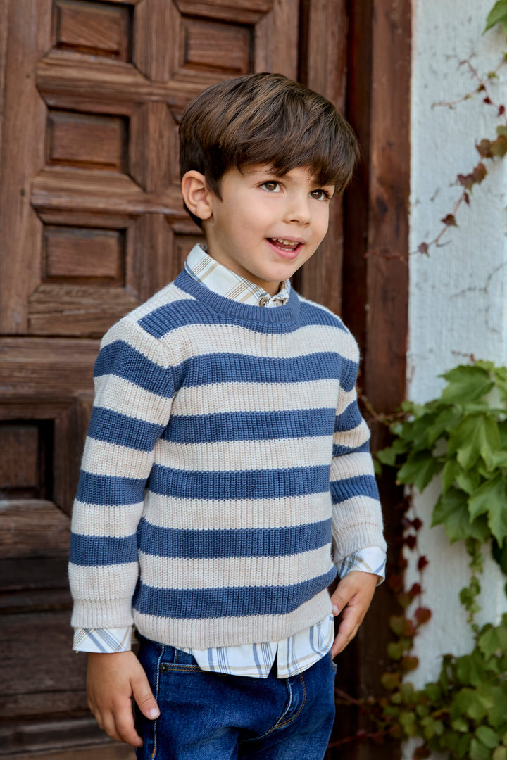 Martín Aranda "Nico" Dusky Blue & Beige Striped Knit Jumper | Millie and John