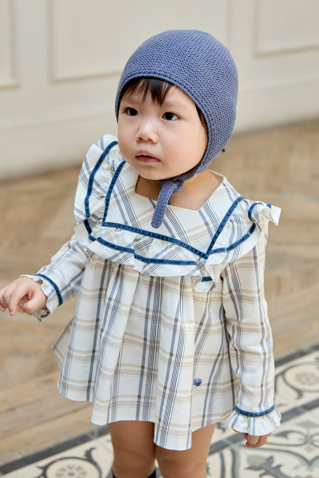 Martín Aranda "Maribel" Dusky Blue Checked Dress & Bloomers | Millie and John