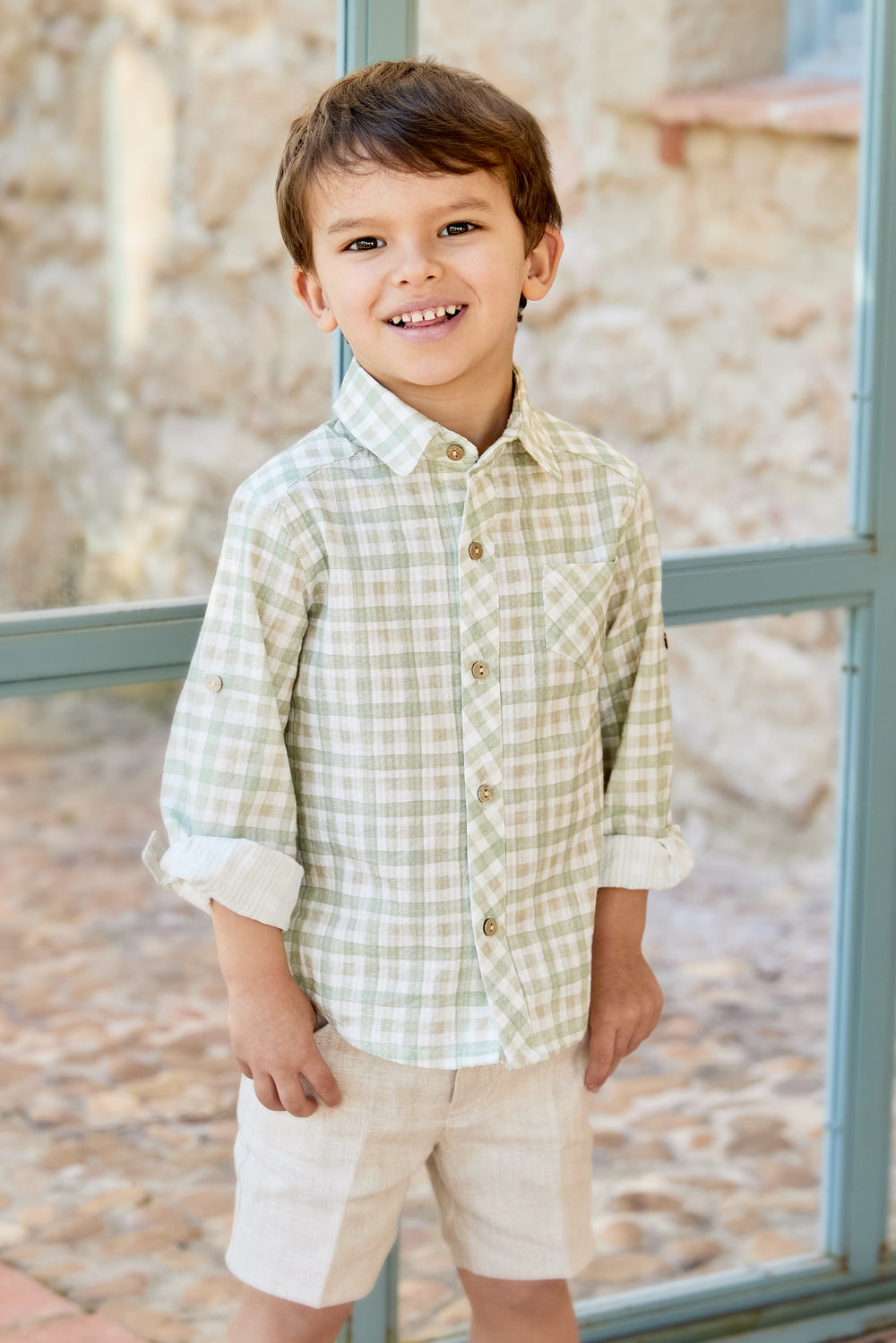 Martín Aranda "Ambrose" Sage Green Gingham Shirt & Shorts | Millie and John