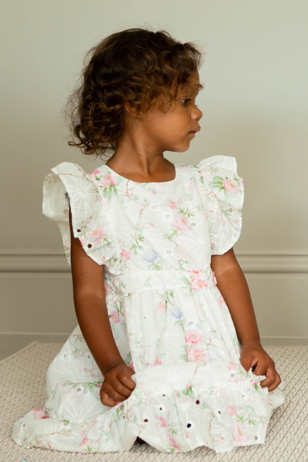 Mintini "Polly" Ivory & Pink Floral Broderie Dress | Millie and John