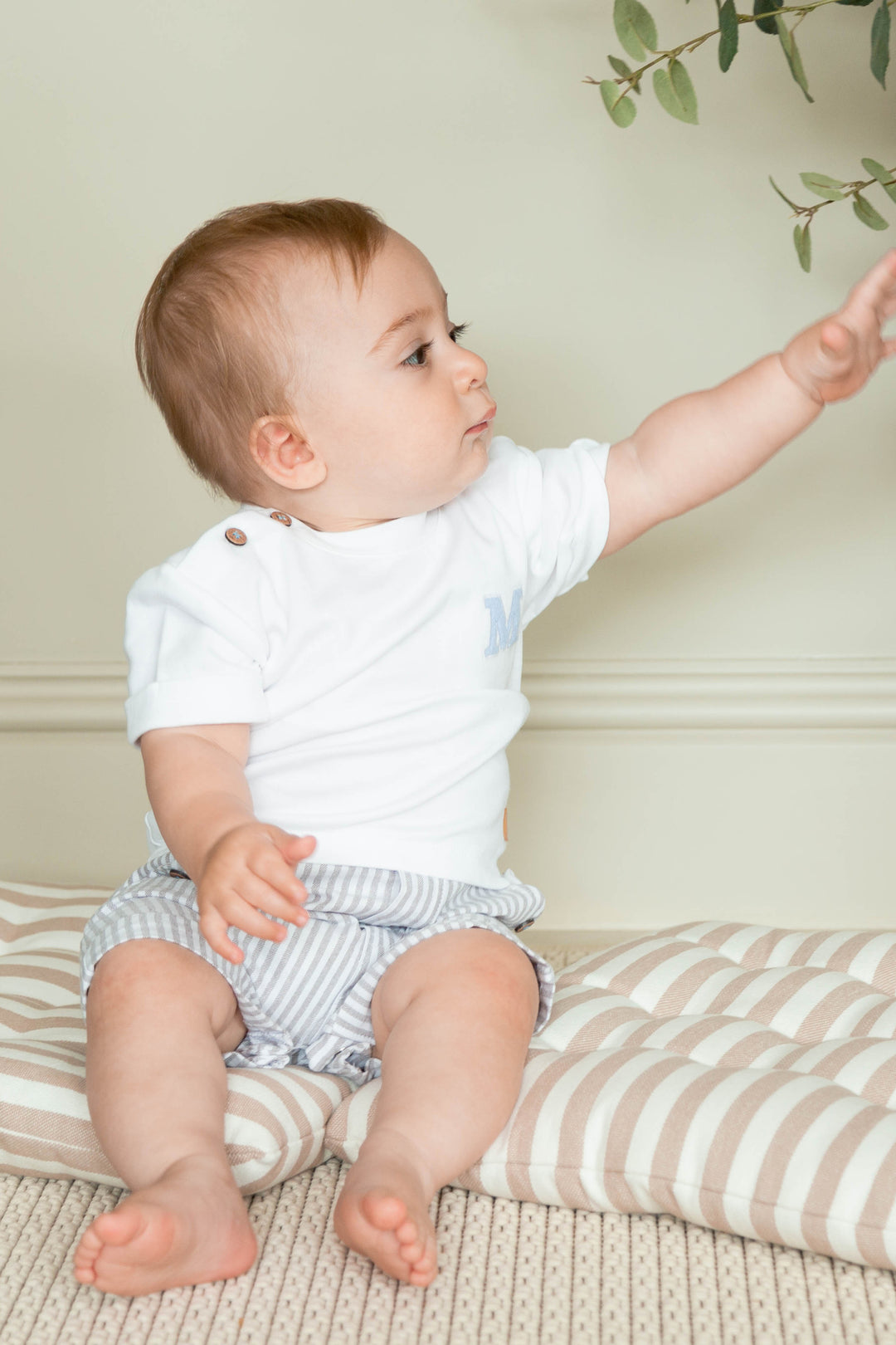 Mintini "Caleb" White & Grey Striped Romper | Millie and John