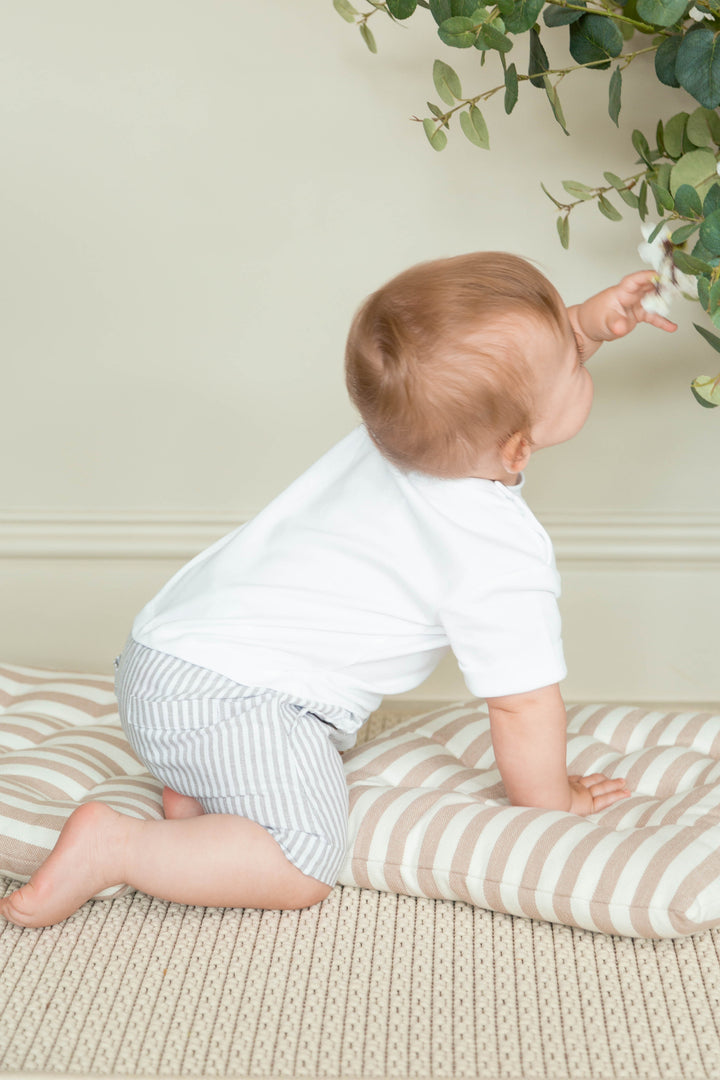 Mintini "Caleb" White & Grey Striped Romper | Millie and John