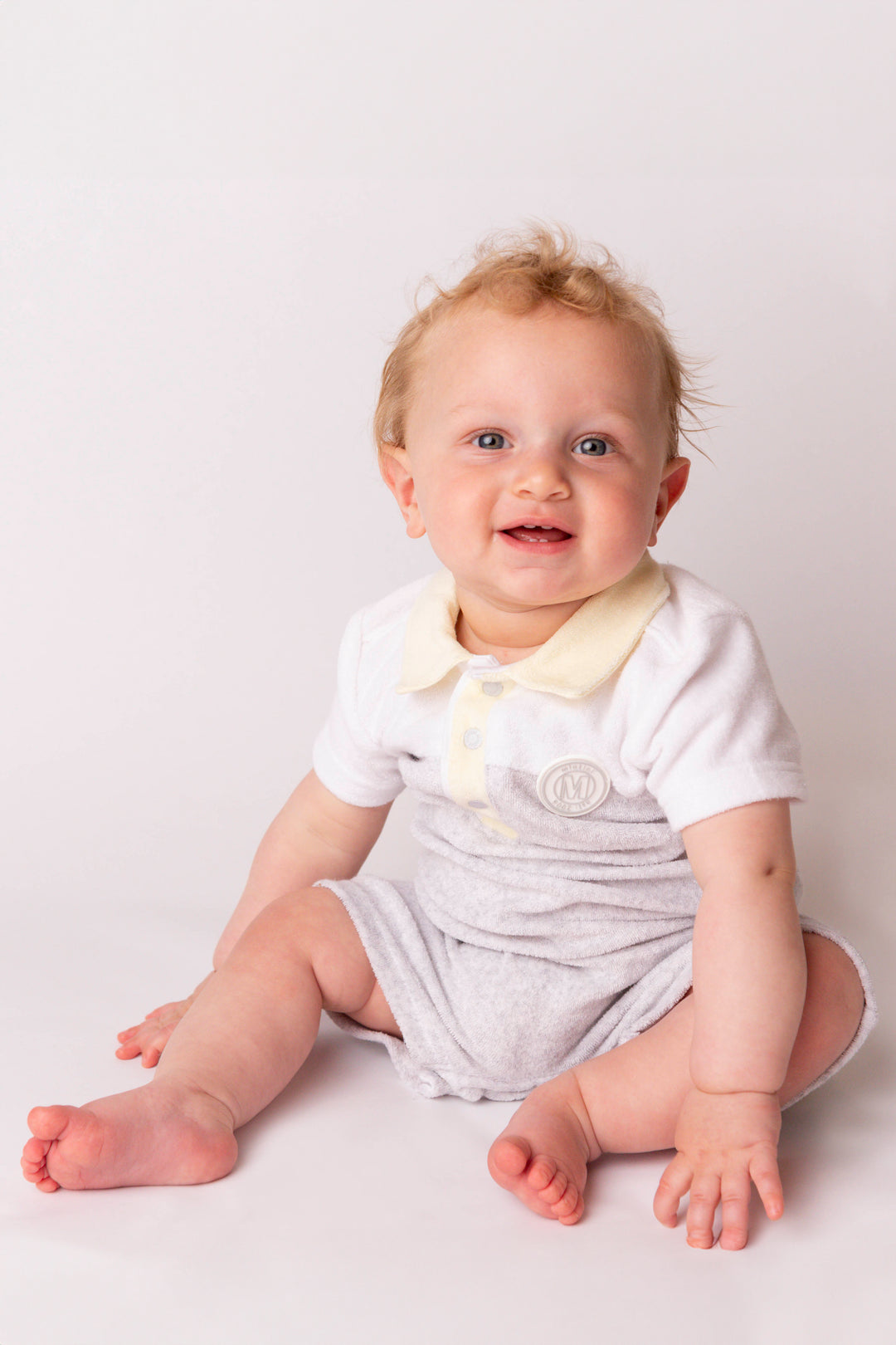 Mintini Baby "Leo" Grey & Lemon Terry Towelling Romper | Millie and John