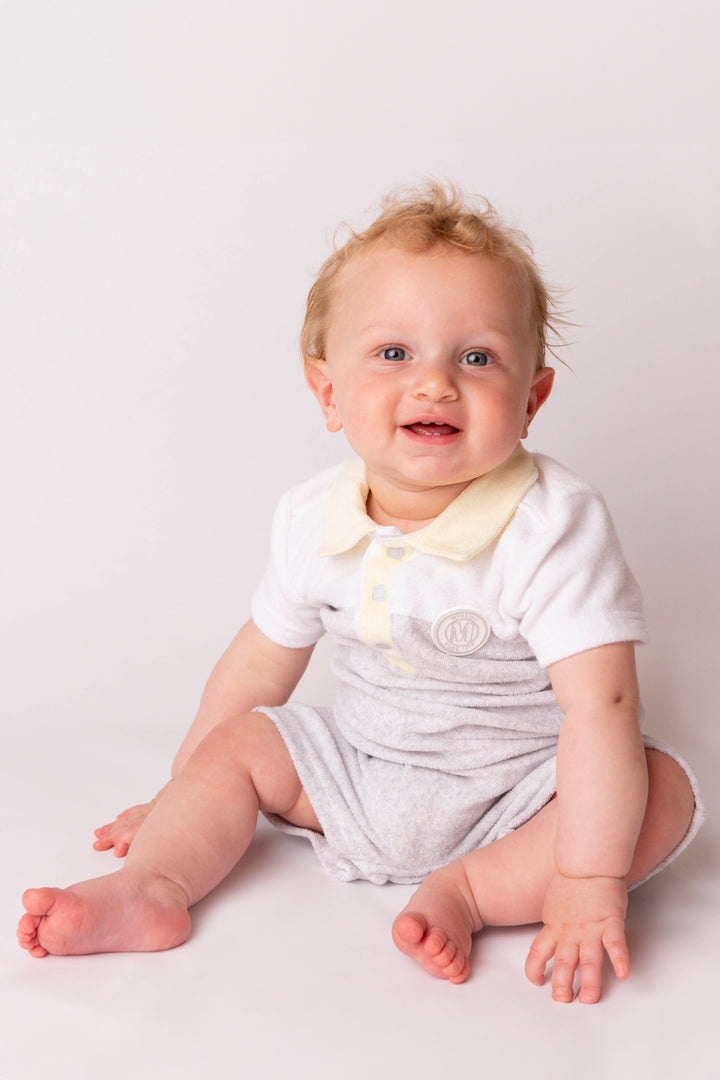 Mintini Baby "Leo" Grey & Lemon Terry Towelling Romper | Millie and John