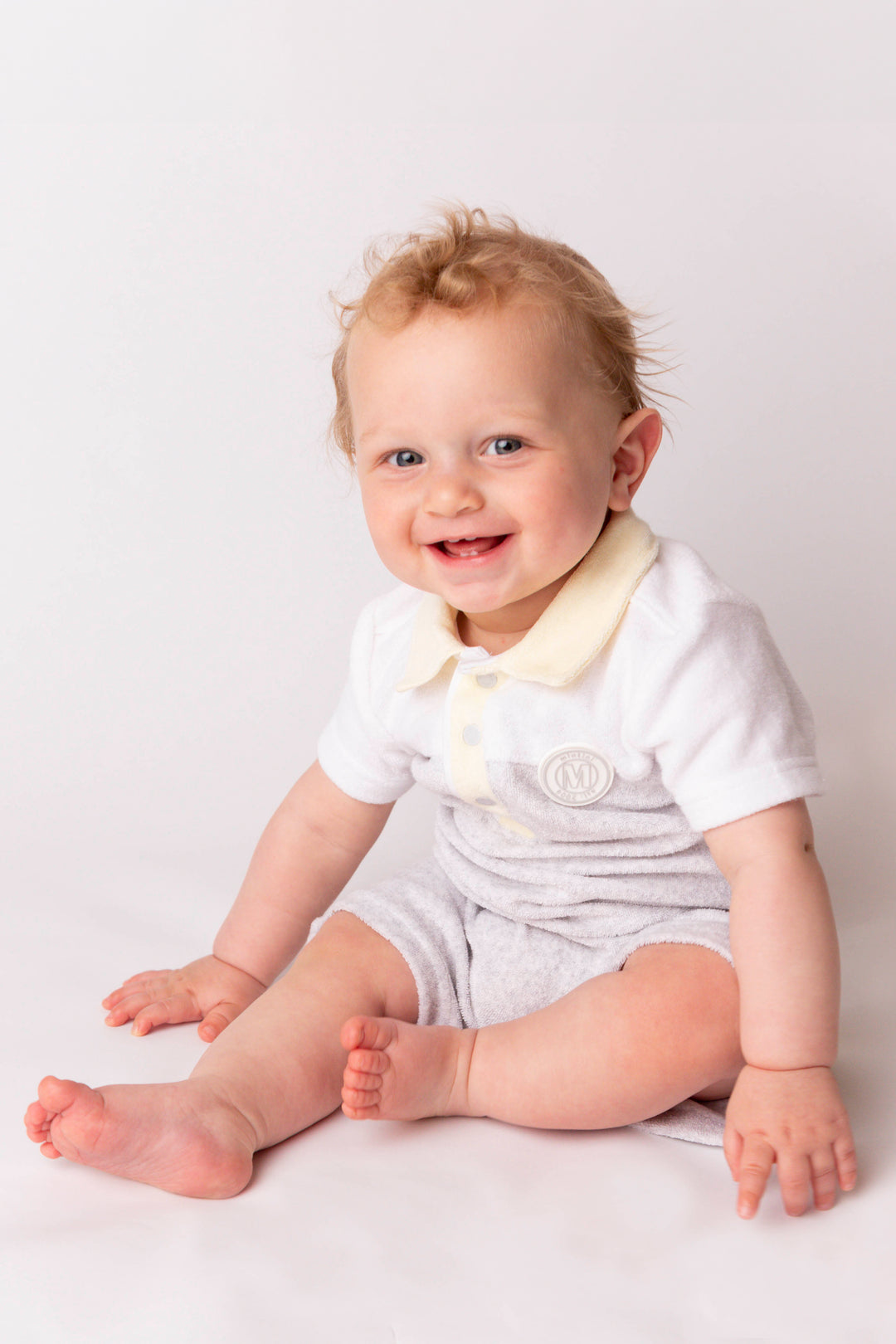 Mintini Baby "Leo" Grey & Lemon Terry Towelling Romper | Millie and John