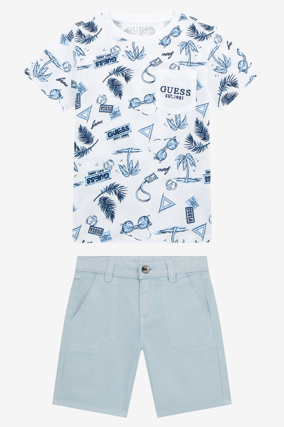 GUESS® Kids "Ellis" White & Blue Summer Print T-Shirt & Shorts | Millie and John