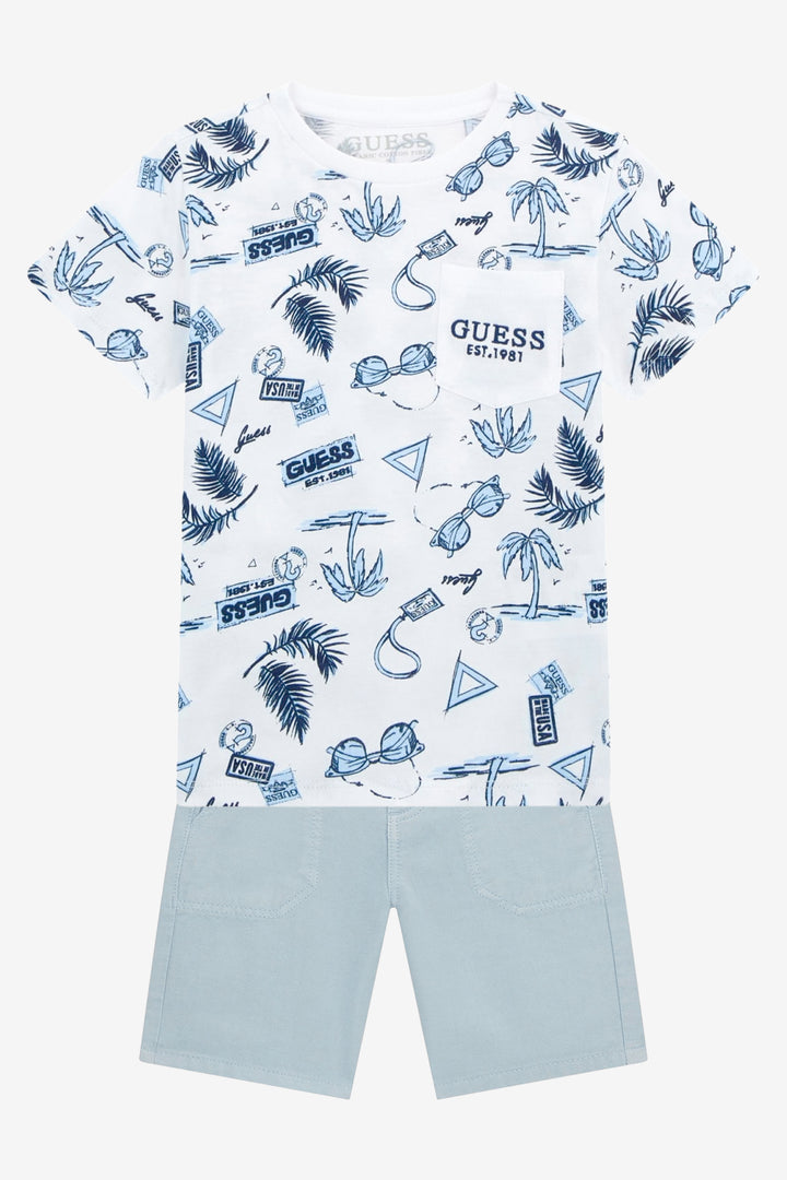 GUESS® Kids "Ellis" White & Blue Summer Print T-Shirt & Shorts | Millie and John