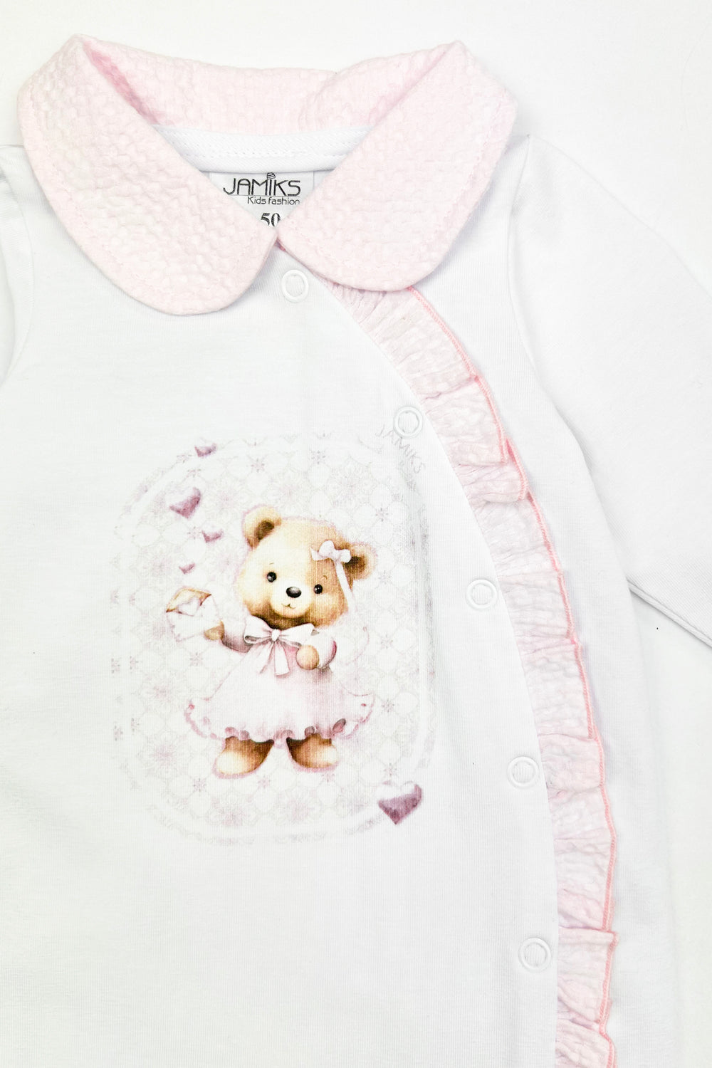 Jamiks "Nelly" White & Pink Teddy Bear Sleepsuit | Millie and John