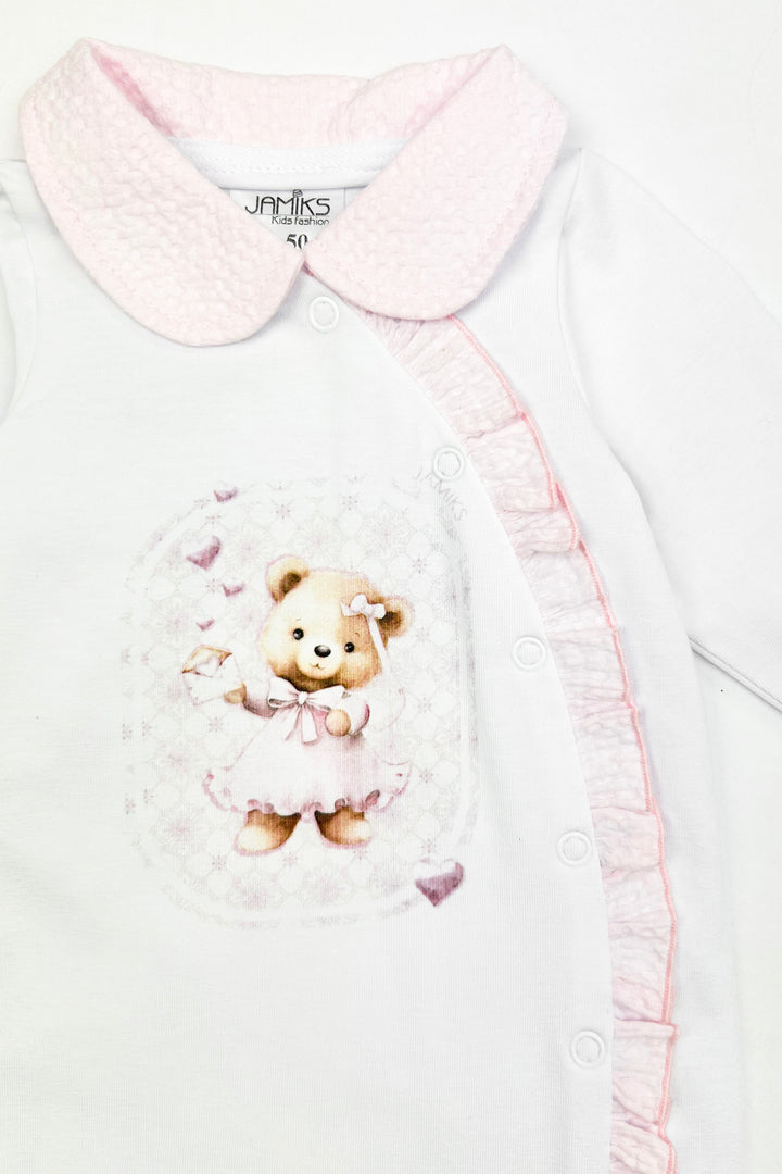 Jamiks "Nelly" White & Pink Teddy Bear Sleepsuit | Millie and John