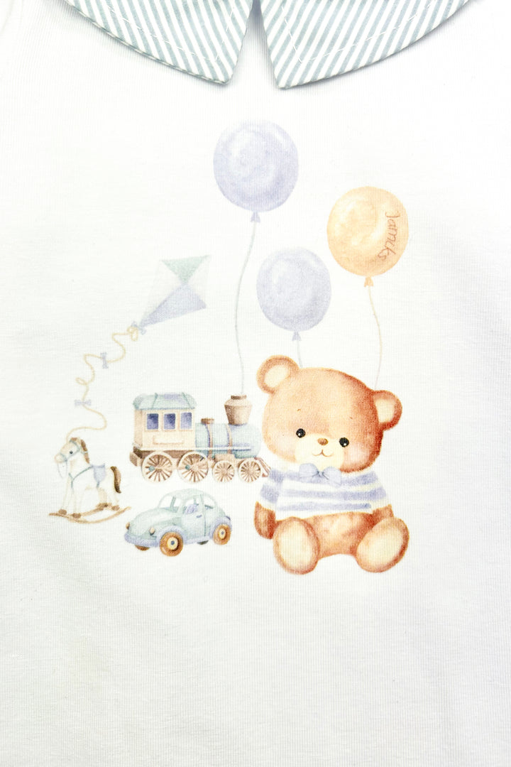 Jamiks "Otto" White & Blue Teddy Bear Sleepsuit | Millie and John