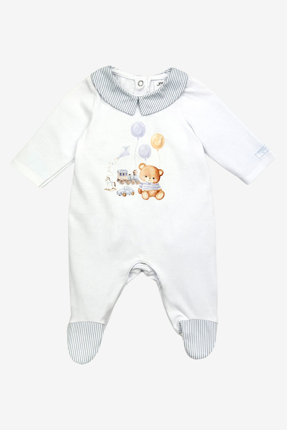 Jamiks "Otto" White & Blue Teddy Bear Sleepsuit | Millie and John
