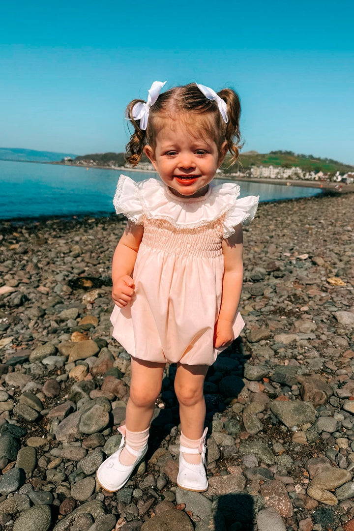 Puro Mimo "Amalia" Peach Shirred Romper | Millie and John