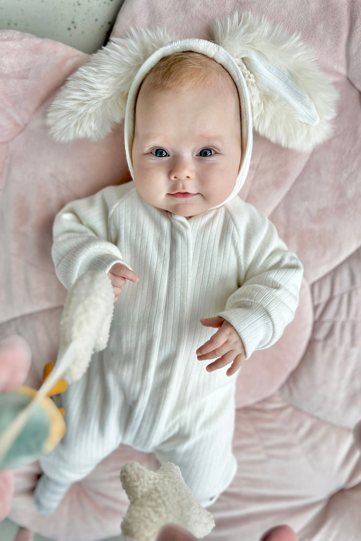 Jamiks "Kirby" Ribbed Faux Fur Bunny Ear Romper | Millie and John